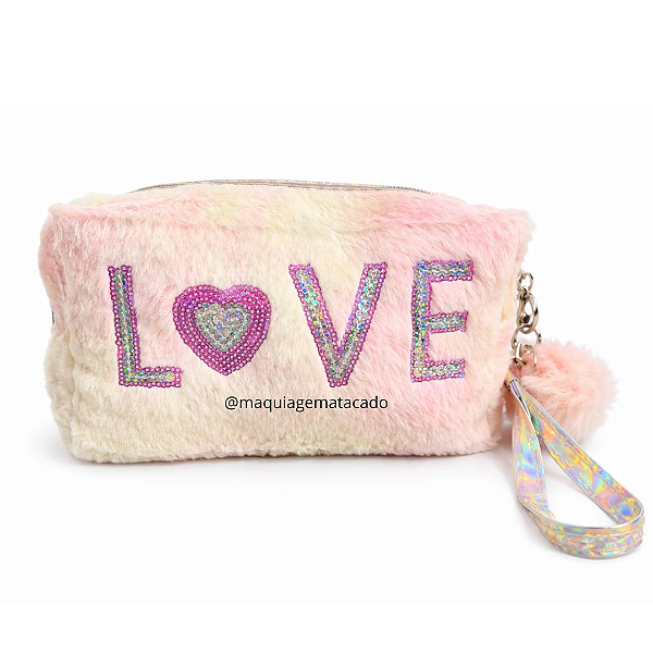 Estojo Necessaire Pelúcia com Pompom Love Cor Aleatória Y3799
