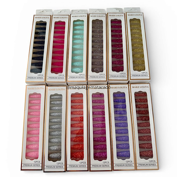 12 Cartelas Unhas Postiças Bailarina Decorada com Glitter Autocolante ML1162 Atacado Box Fechado