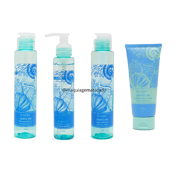 Kit 04 Itens Skincare Shines Aquatic Awe Água Micelar, Demaquilante, Esfoliante Facial e Sabonete Líquido