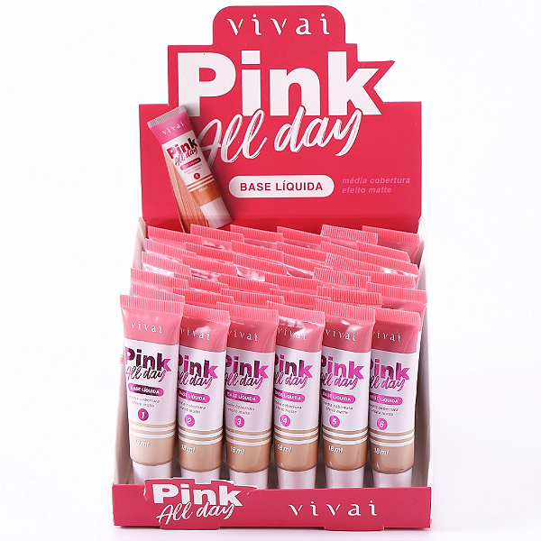 Base Líquida Efeito Matte Pink All Day Vivai 1104 Cores Claras e Médias 18ml Atacado Box 36 Unidades