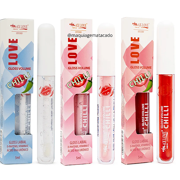 Kit 03 Unidades Gloss Volume Chilli Max Love Cores 75, 77 e 80