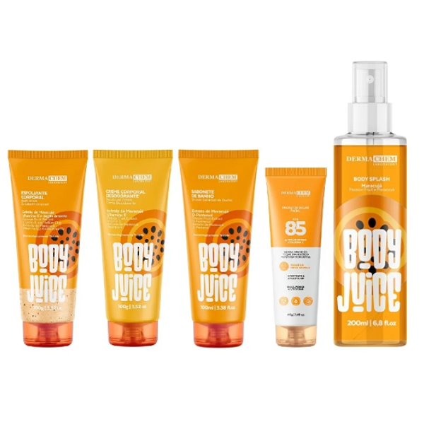 Kit Corporal Body Juice Maracujá Sabonete, Esfoliante, Creme e Body Splash + Protetor Solar Facial Sem Cor FPS 85 Niacinamida e Vitamina E Dermachem 05 Itens