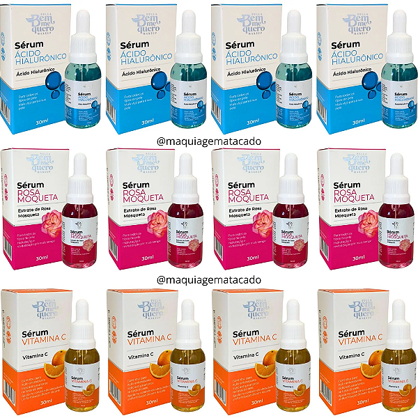 Kit 12 Unidades Misto Séruns Bem Me Quero Ácido Hialurônico, Rosa Mosqueta e Vitamina C