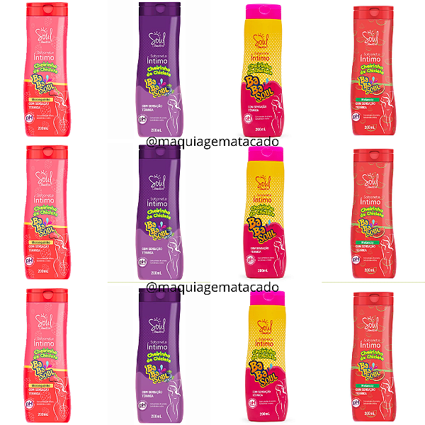 Box Misto Sabonete Íntimo Cheirinho de Chiclete Babasoul Soul Cosméticos Melancia, Menta Fresh, Moranguinho e Uva Atacado Box 12 Unidades