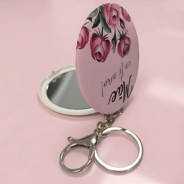Espelho de Bolsa Duplo com Chaveiro Redondo Rosa 7x7cm HJ74302