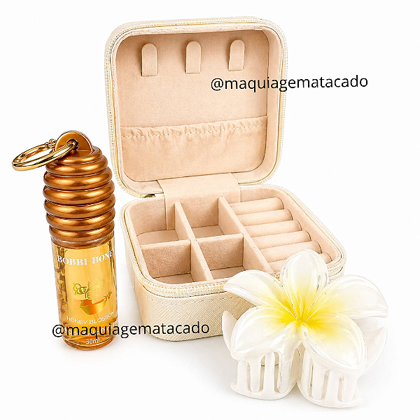 EDIÇÃO LIMITADA - Kit Presente: 01 Honey Lip Gloss Magic Mel com Chaveiro Bobbi Rara, 01 Porta Jóias e 01 Piranha de Flor Para Cabelo Pequena KP02