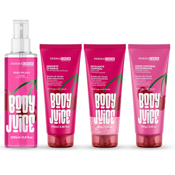 Kit Corporal Body Juice Cereja Sabonete, Esfoliante, Creme Hidratante e Body Splash Dermachem 04 Itens