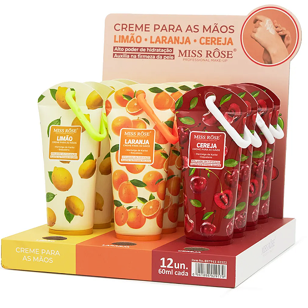 Creme Para as Mãos Miss Rôse Limão, Laranja e Cereja 7912-025M Atacado Box 12 Unidades