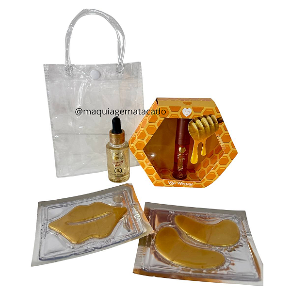 EDIÇÃO LIMITADA - Kit Presente Mel Honey: 01 Gloss Forever You, 01 Sérum Da Pop, 01 Máscara Labial Yoyo, 01 Máscara de Olhos Yoyo e 01 Sacola Transparente KP03
