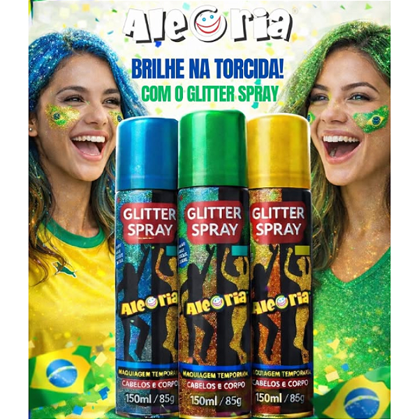 Kit 03 Unidades Glitter Spray Cabelos e Corpo Maquiagem Temporária Verde, Amarelo e Azul Copa