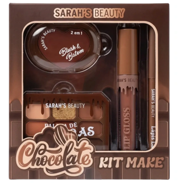 Kit Make Chocolate Sarah's Beauty S6754 Cor 01 - Paleta de Sombra com 9 cores, Blush e Batom Cremoso 2 em 1, Lip Gloss e Lápis Labial