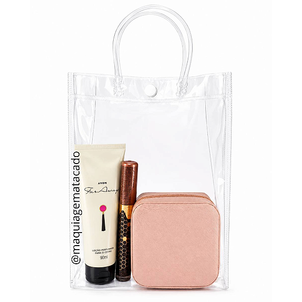 EDIÇÃO LIMITADA - Kit Presente 01 Porta Jóias, 01 Lip Gloss Glow Hidratante Honey Kiss Da Pop, 01 Loção Perfumada Para o Corpo Far Away Avon e 01 Sacola Transparente KP04