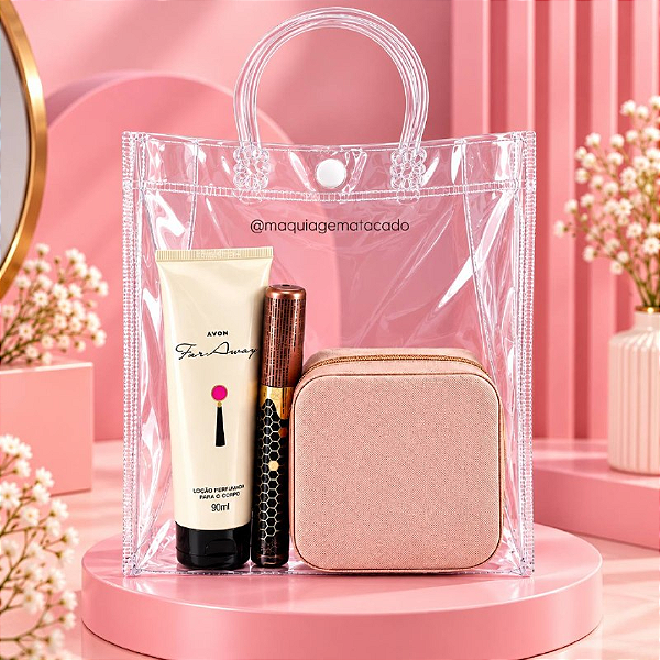EDIÇÃO LIMITADA - Kit Presente 01 Porta Jóias, 01 Lip Gloss Glow Hidratante Honey Kiss Da Pop, 01 Loção Perfumada Para o Corpo Far Away Avon e 01 Sacola Transparente KP04