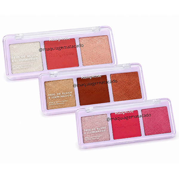 Kit 03 Unidades Trio de Blush e Iluminador Ruby Rose HB583