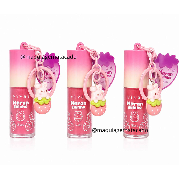 Kit 03 Unidades Gloss Moranguinho com Mosquetão Chaveiro e Pingente Vivai 3406