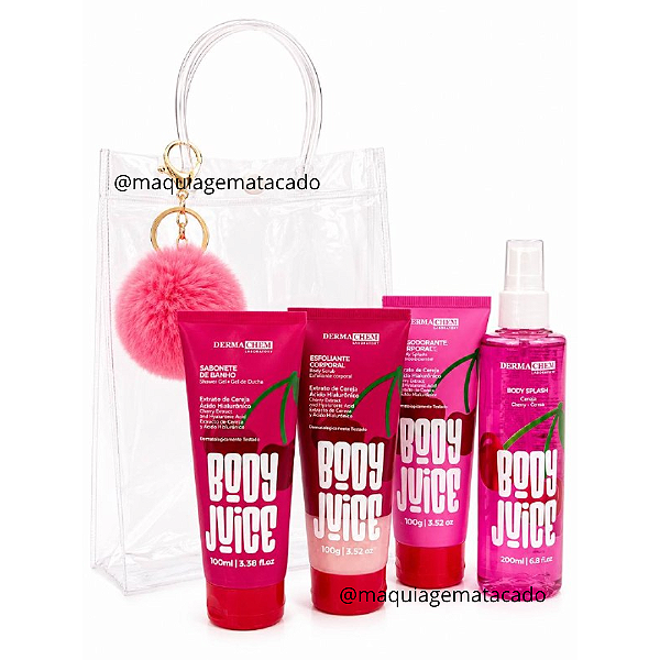 Kit Presente Cereja Dermachem: 01 Sabonete, 01 Esfoliante, 01 Creme Corporal, 01 Body Splash, 01 Chaveiro Pompom e 01 Sacola Transparente KP05