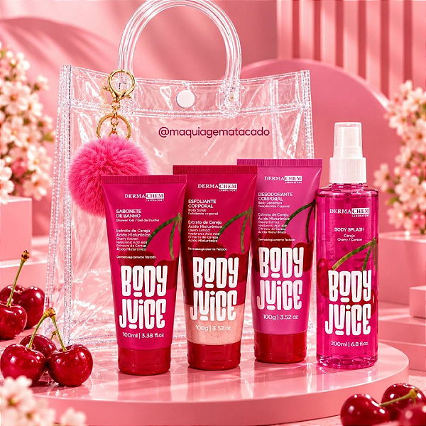 Kit Presente Cereja Dermachem: 01 Sabonete, 01 Esfoliante, 01 Creme Corporal, 01 Body Splash, 01 Chaveiro Pompom e 01 Sacola Transparente KP05