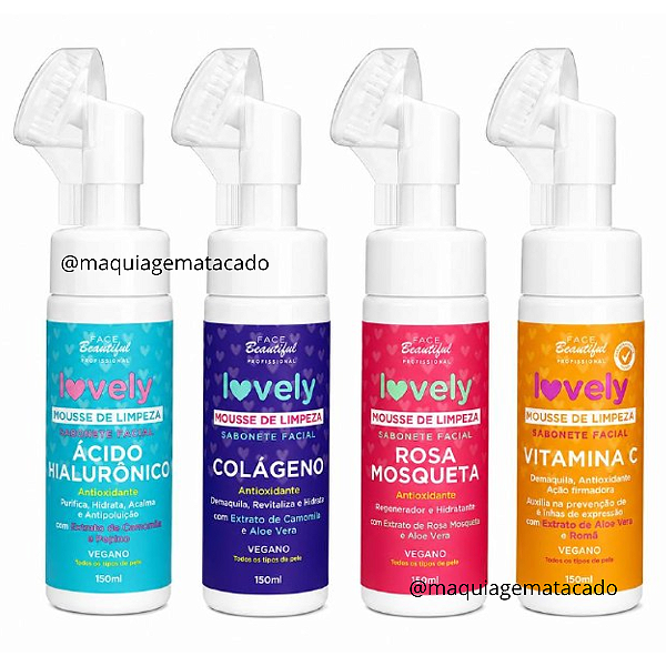 Kit 04 Unidades Mousse de Limpeza Sabonete Facial Lovely: Ácido Hialurônico FB398, Colágeno FB395, Rosa Mosqueta FB396 e Vitamina C FB397