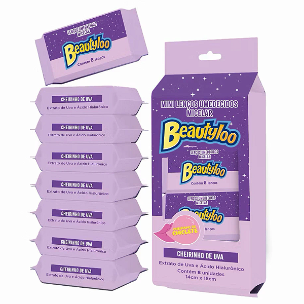08 Pacotes Mini Lenço Umedecido Micelar Beautyloo Cheirinho de Uva FB717 Atacado Box Fechado