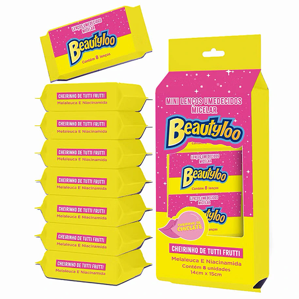 08 Pacotes Mini Lenço Umedecido Micelar Beautyloo Cheirinho de Tutti Frutti FB715 Atacado Box Fechado