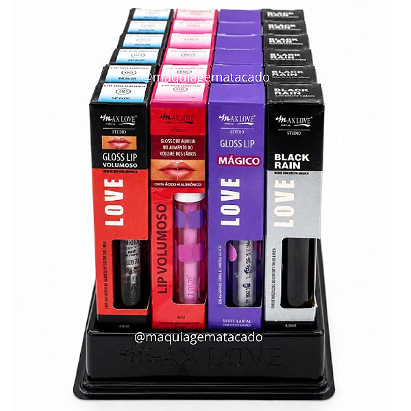 Box Misto Gloss Max Love: Lip Volumoso Cor 01 ML264, Lip Volumoso Cor 06 ML554, Lip Volumoso Mágico ML813 e Efeito Mágico Black Rain ML271 Atacado Box 32 Unidades