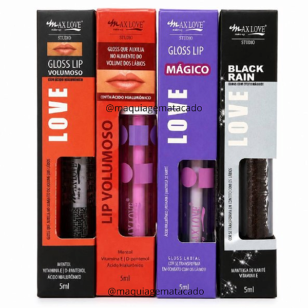 Kit 04 Unidades Gloss Max Love: Lip Volumoso Cor 01 ML264, Lip Volumoso Cor 06 ML554, Lip Volumoso Mágico ML813 e Efeito Mágico Black Rain ML271
