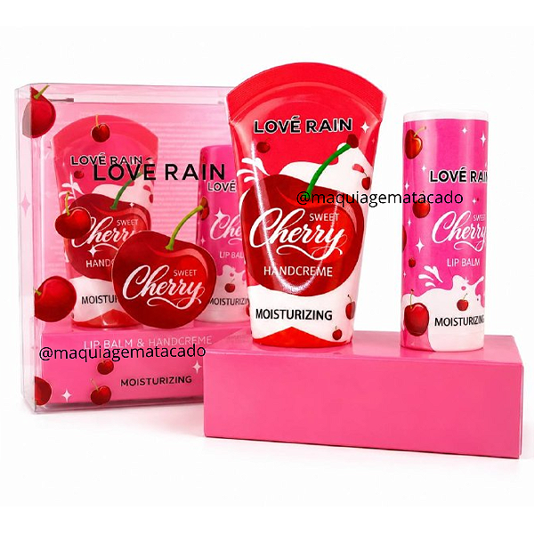 Kit Hidratação Cherry Blossom Creme Hidratante Para as Mãos e Lip Balm Brilho Labial Gloss Love Rain LR4242