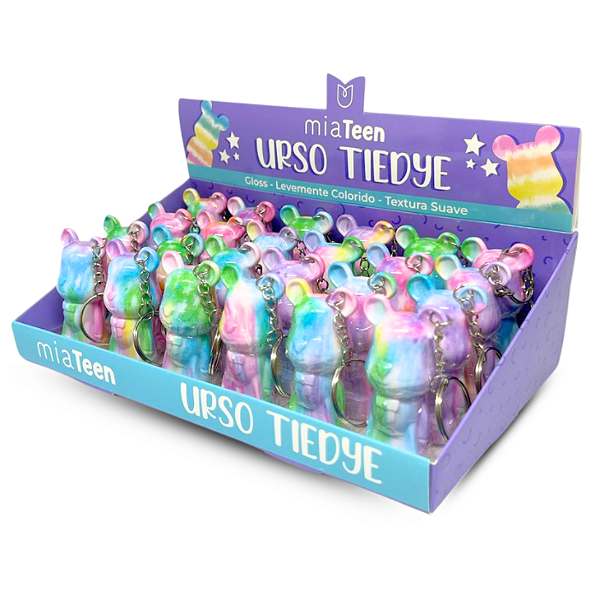 Gloss com Chaveiro Urso Tiedye Mia Make 524 Atacado Box 24 Unidades