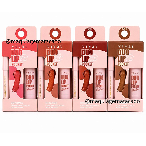 Kit 04 Unidades Duo Lip Pocket Lápis Labial e Batom Vivai 3424 Cores 01 ao 04