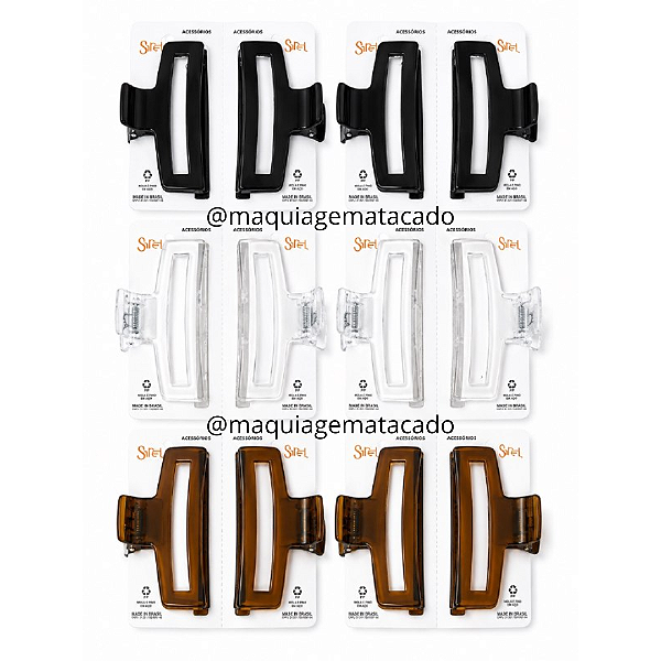 12 Unidades Presilha Piranha Prendedor de Cabelo Vazada Grande Sirel SR009 Preto, Cristal e Âmbar