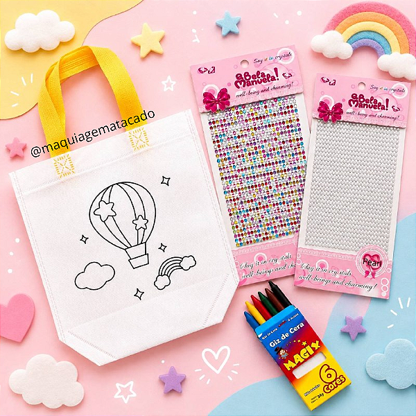 🎀 Kit Dia das Crianças – Sacolinha TNT para Colorir + Cartelas de Strass + Giz de Cera - Tema Balão TNT01049