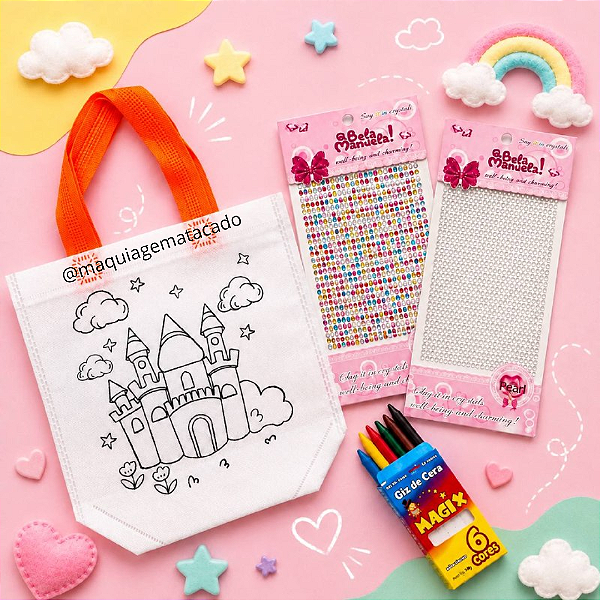 🎀 Kit Dia das Crianças – Sacolinha TNT para Colorir + Cartelas de Strass + Giz de Cera - Tema Castelo TNT01046