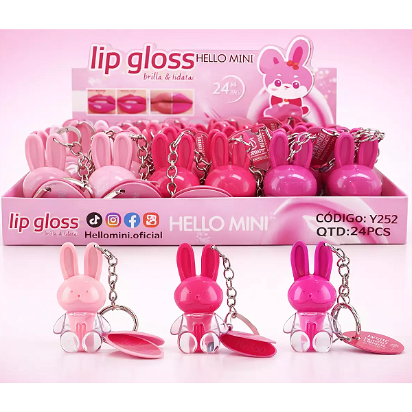 Kit 03 Unidades Lip Gloss com Chaveiro Coelhinho Hello Mini Y252