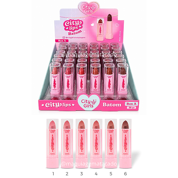 Batom Semi Matte City Lips City Girls CG487 Cores A Atacado Box 36 Unidades