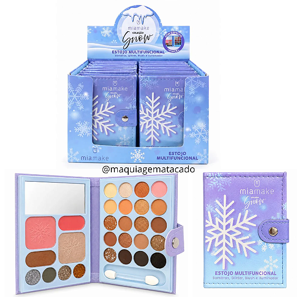 Estojo Multifuncional Sombras, Glitter, Blush e Iluminador Coleção Snow Mia Make 631 Atacado Box 12 Unidades