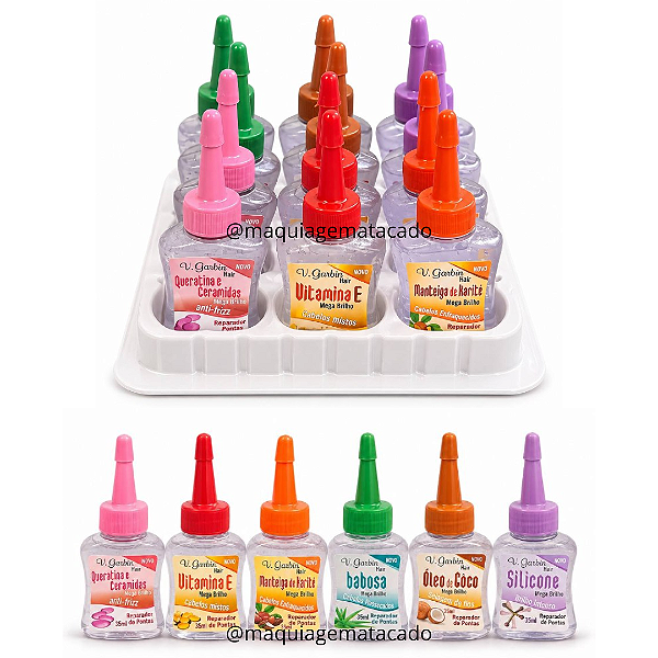 Box Misto Reparador de Pontas V. Garbin: Babosa, Manteiga de Karité, Óleo de Coco, Queratina e Ceramidas, Silicone e Vitamina E KY419 Atacado Box 12 Unidades