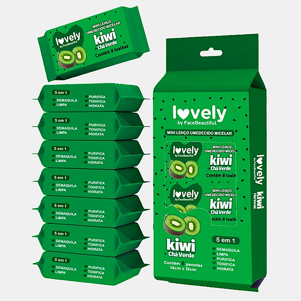 08 Pacotes Mini Lenço Umedecido Micelar Lovely Face Beautiful Kiwi + Chá Verde FB712