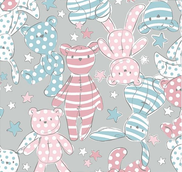 Tricoline sonhos urso rosa fundo cinza 25x150cm - Un