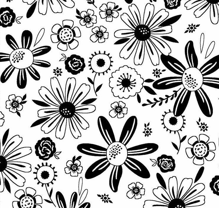 Tricoline preto e branco flores fundo branco 25x150cm - Un