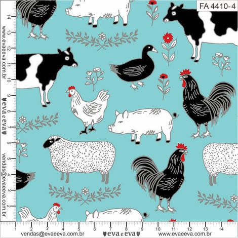 Tricoline estampado fazendinha animais fundo azul 25x150cm - Un