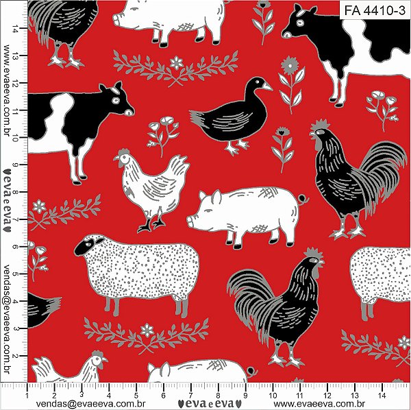 Tricoline estampado fazendinha animais fundo vermelho 25x150cm - Un