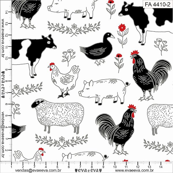 Tricoline estampado fazendinha animais fundo branco 25x150cm - Un