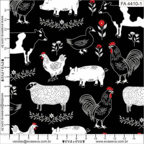 Tricoline estampado fazendinha animais fundo preto 25x150cm - Un