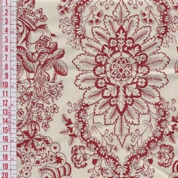 Tricoline vintage riscos de flor vermelha fundo off white 25x150 - Un