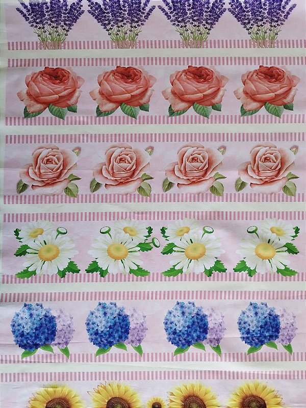 Tricoline digital faixas flores fundo fundo rosa 53x150cm - Un