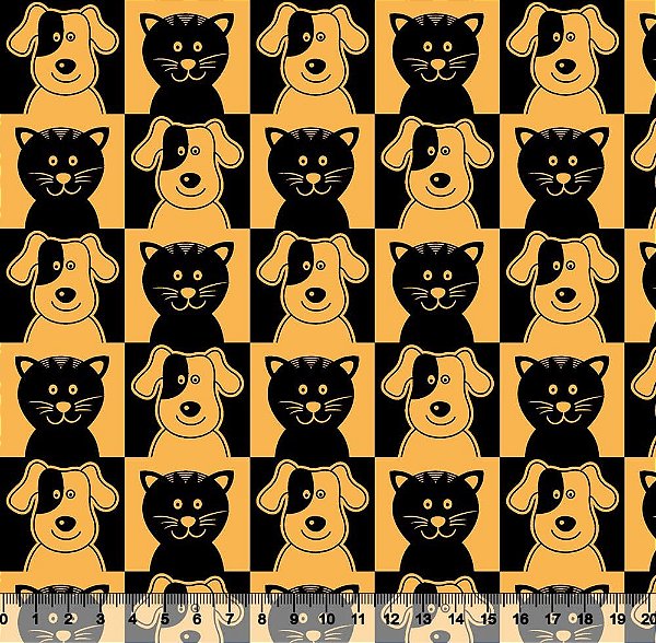 Tricoline gatos e cachorros fundo preto/amarelo 25x150cm - Un