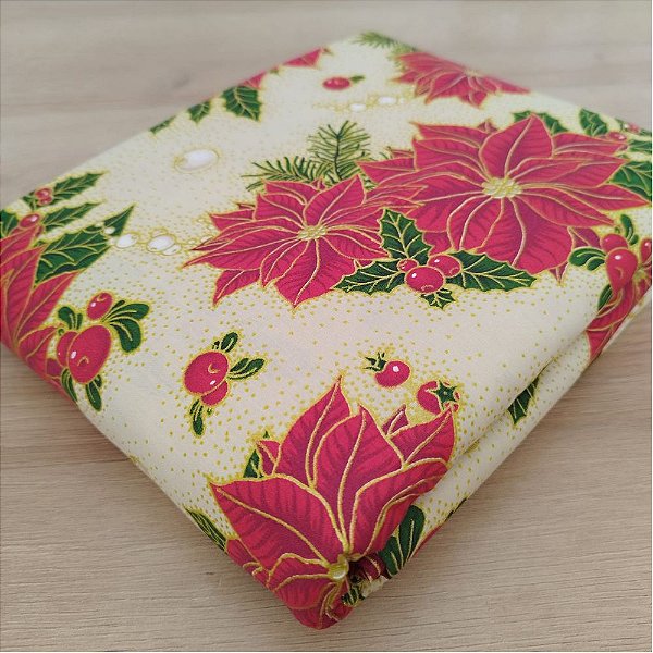 Tricoline estampado flores natalina com dourado fundo bege 25x150cm - Un