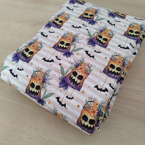 Tricoline Dig. Estampado Halloween fundo listrado 25x150cm - Un