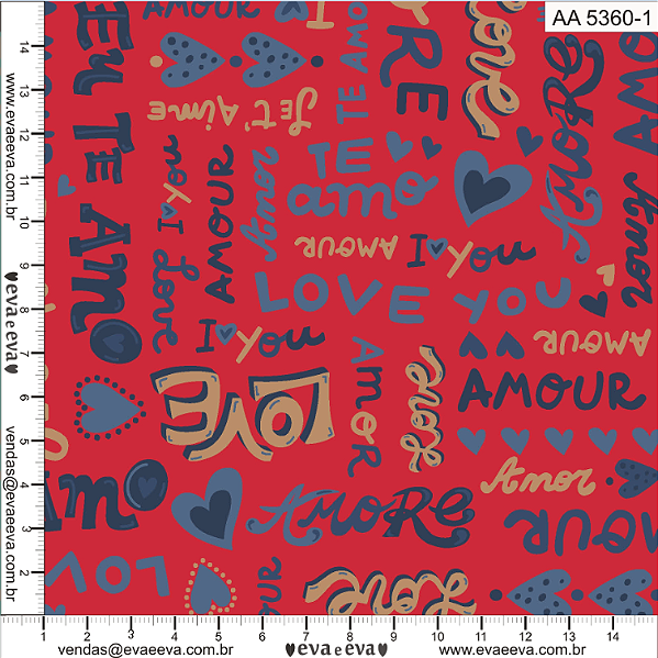Tricoline amor amour te amo fundo vermelho 50x150cm - Un