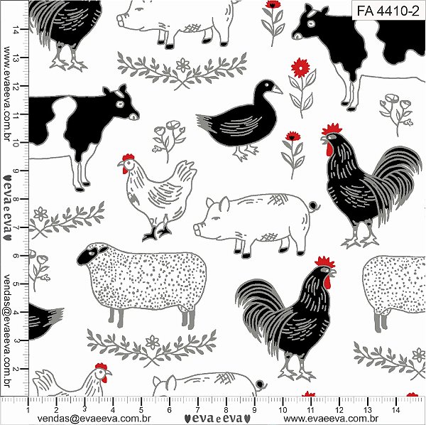 Tricoline estampado fazendinha animais fundo branco 50x150cm - Un